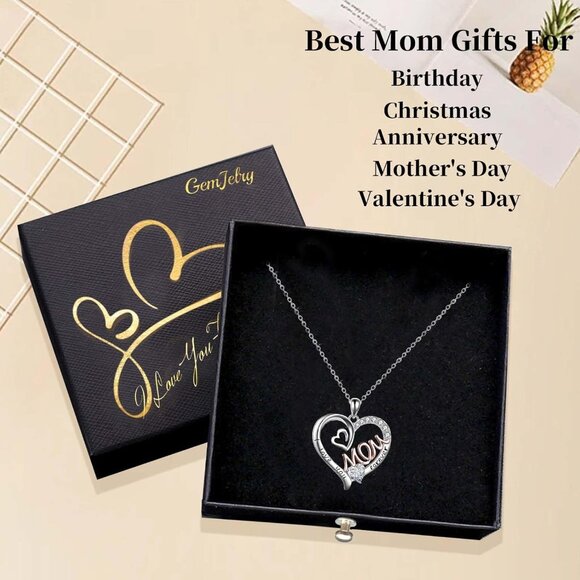 Heart Pendant Necklace Silver Rhinestone Gift for Mom from Daughter Son - Picture 3 of 8